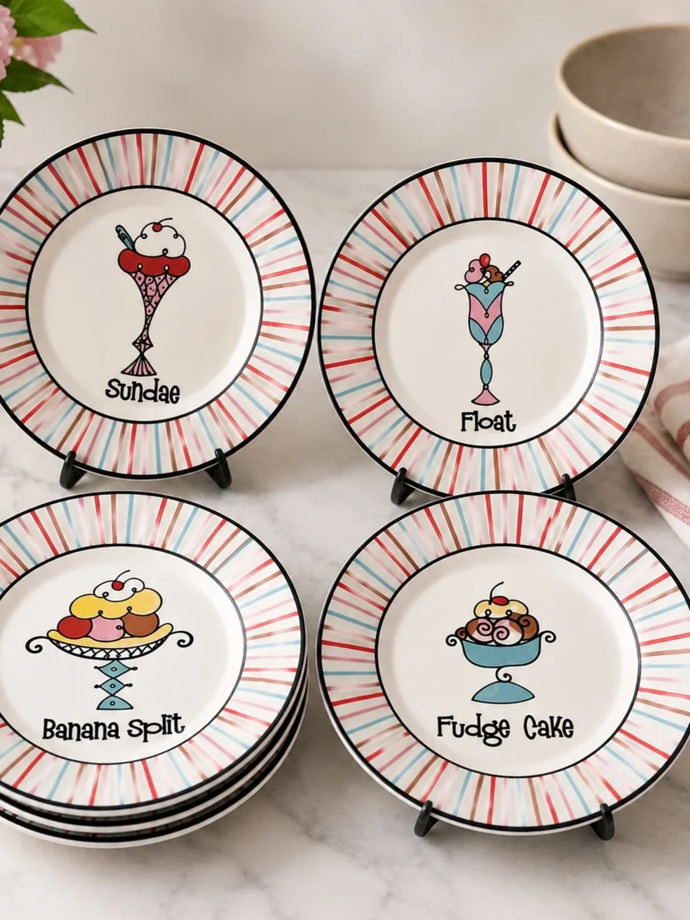 World Market Set of 4 Dessert Plates Sundae Float Banana Split Fudge Cake